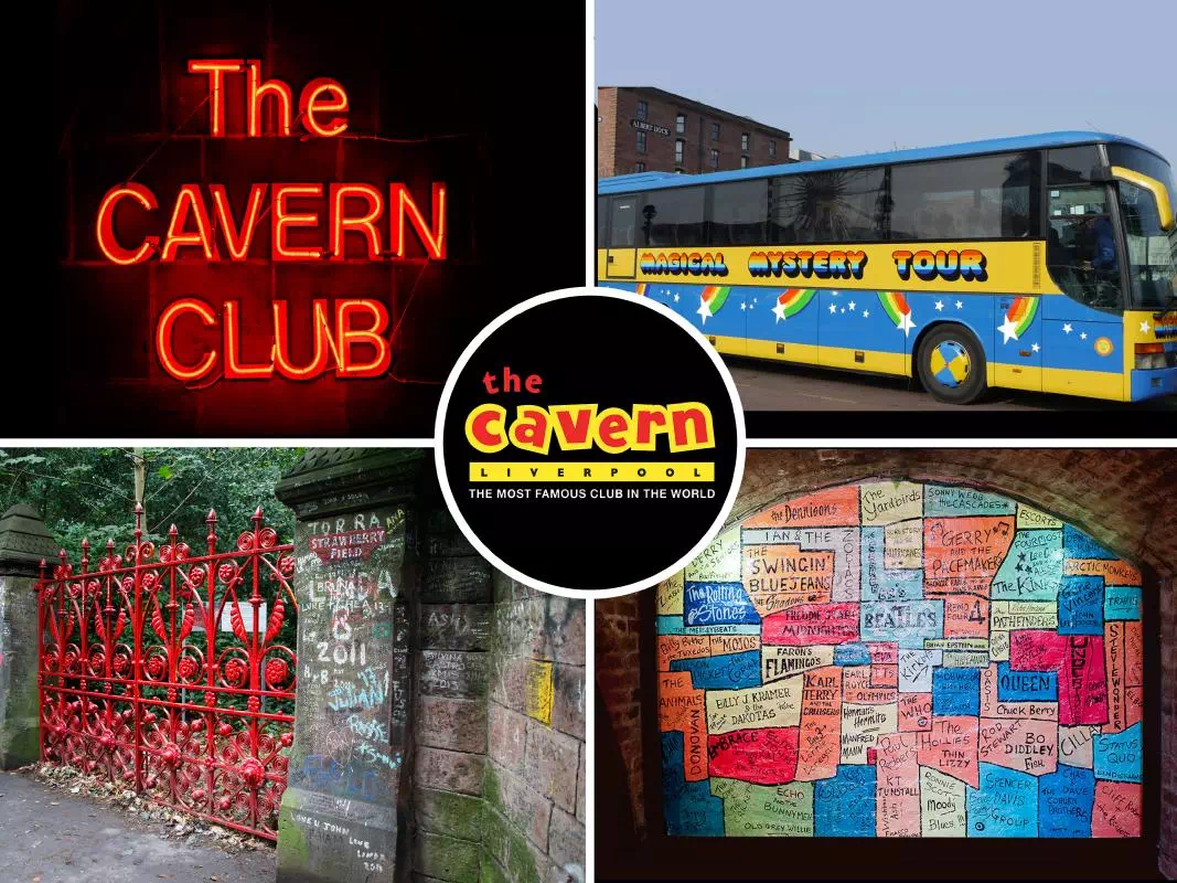 Beatles Magical Mystery Tour Bus in Liverpool with Entrance to the Cavern Club