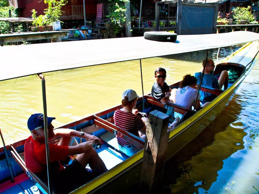 Bangkok Floating Market Bike Tour with Long-tail Boat Ride and Temple Visits